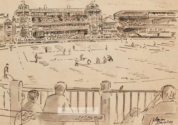 Adrian Daintrey RWA (British, 1902-1988) "Lord's Cricket Ground" drawing, circa 1960s.
 Pen, ink and wash drawing of Lord's cricket ground looking tow