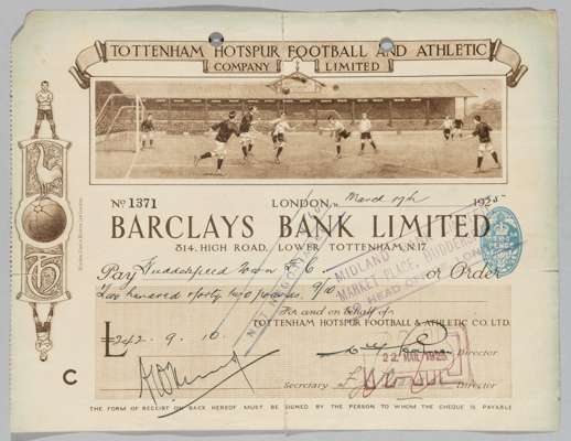 A Tottenham Hotspur Football and Athletic Company Limited cheque payable to Huddersfield Town F.C. for £242 9s 10d,
 in respect of gate receipts from 