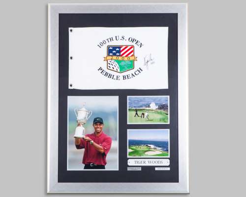 Tiger Woods autographed 100th U.S. Open Pebble Beach 2000 display