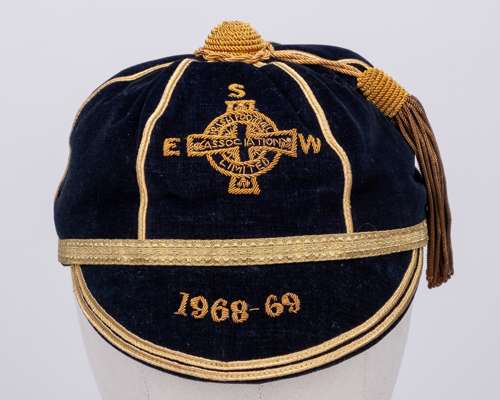 Pat Jennings blue Northern Ireland v. England, and Wales International cap, 1968-69