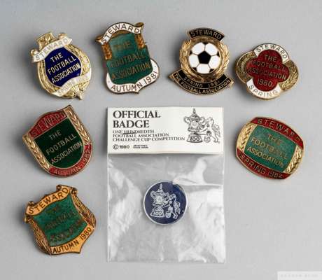 Nice group of seven Football Association Wembley Stewards enamel lapel badges
 1980 (x2), 1981 (x2), 1982 (x2), 1983 and commemorative 100 years of F.