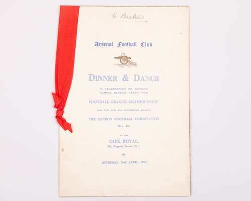 1931 Arsenal menu for the Dinner & Dance to celebrate winning the Football League