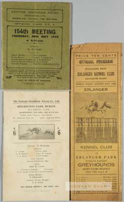 Three International greyhound race cards, 1920s/1930s,
 comprising Erlanger Kennel Club at Erlanger Park, Kentucky race card, 21st August 1925, featur