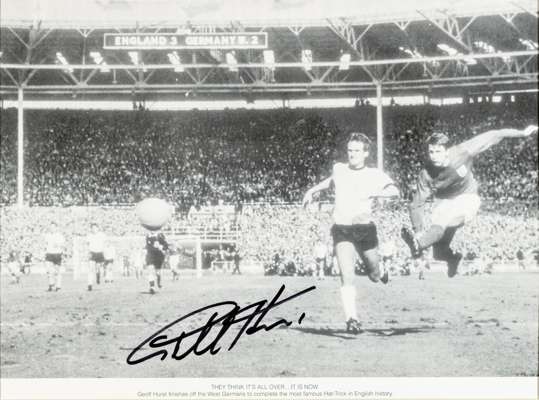 Geoff Hurst England 1966 World Cup winner signed photograph,
 the large 16 by 12in. b&w photograph depicting Geoff Hurst scoring England’s fourth goal