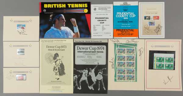 Collection of tennis ephemera,
 including six of tennis continental philately all bearing un-identified autographs; together with a British tennis pos