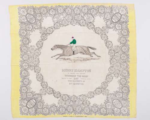 A ladies silk scarf commemorating the victory of Merry Hampton in the 1887 Derby