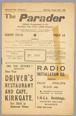 Bradford City v Accrington Stanley programme from the abandoned 1939-40 season,
 F.L. Division Three North fixture, 26th August