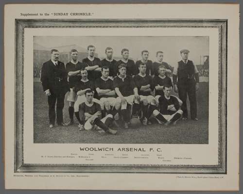 Woolwich Arsenal FC b&w Sunday Chronicle team and management paper image, 
 in seated and standing pose with printed legend below, bears upper edge te