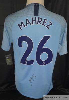 Riyad Mahrez signed Manchester City 2018-19 home jersey, 
 size mens L, brand new with tags still attached, signed neatly and boldly by Riyad below hi