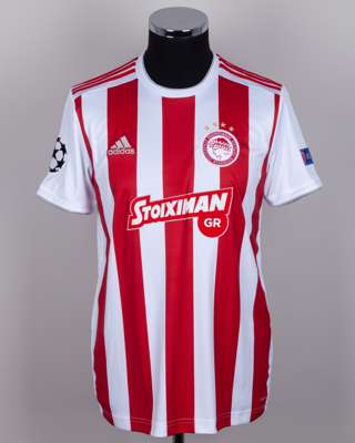 Daniel Podence red and white No.10 Olympiacos v. Tottenham Hotspur short-sleeved shirt