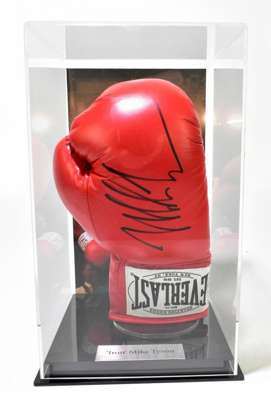 Iron Mike Tyson signed red 16oz Everlast boxing glove,
 mounted within perspex display case that measures 26cm high x 21cm x 21cm, comes complete with