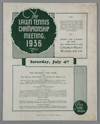 Wimbledon 4th July 1936 - Fred Perry wins his third singles title – Rare Final day Wimbledon programme,
 won for the third consecutive year by Fred Pe