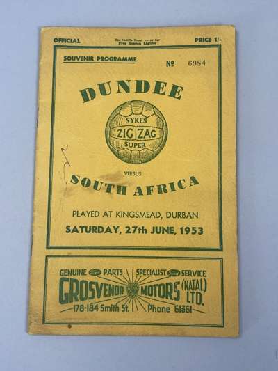 A South Africa v. Dundee tour match programme, 27/6/53, match played at Kingsmead, Durban

 Covers stained, pen marks on front cover