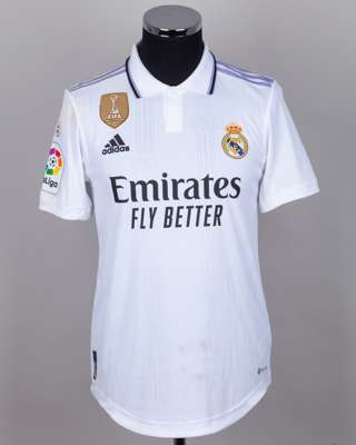 Eduardo Camavinga white No.12 Real Madrid v. Villarreal match worn short-sleeved shirt, 2023