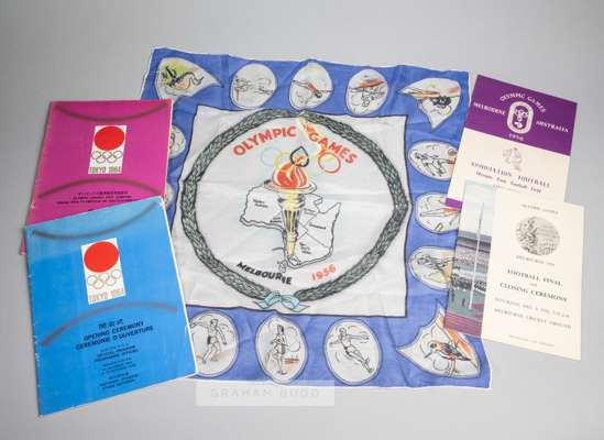 Melbourne 1956 Olympic Games commemorative silk scarf sold with programmes for the 1956 and 1964 Summer Games,
 42 by 42cm. white and blue coloured sc