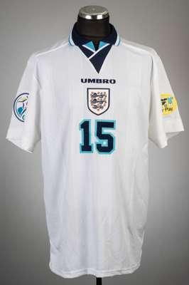 Jamie Redknapp white England Euro 1996 no.15 jersey, 
 Umbro, tournament issued short-sleeved with UEFA EURO '96 and FAIR PLAY sleeve badges, England 
