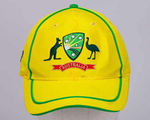 David Warner yellow and green Australia v. England T20 series playing cap, 2020