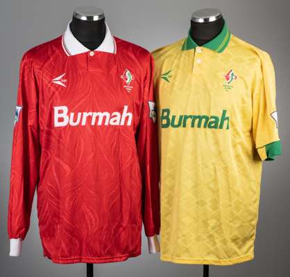 Two Swindon Town home and away football jerseys, season 1993-94,
 comprising Chris Hamon yellow and green Swindon Town no.17 away jersey, season 1993-