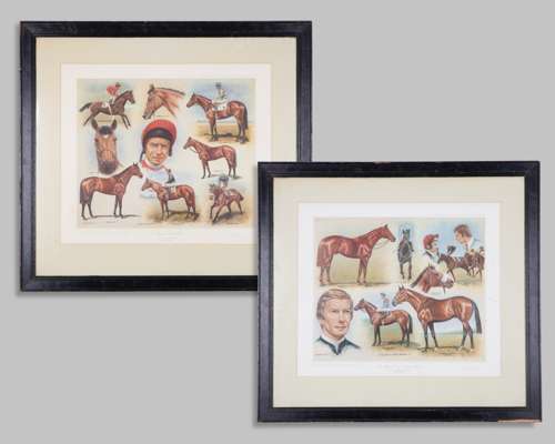 Pair of Peter Deighan prints featuring the jockey Lester Piggott and Classic winners