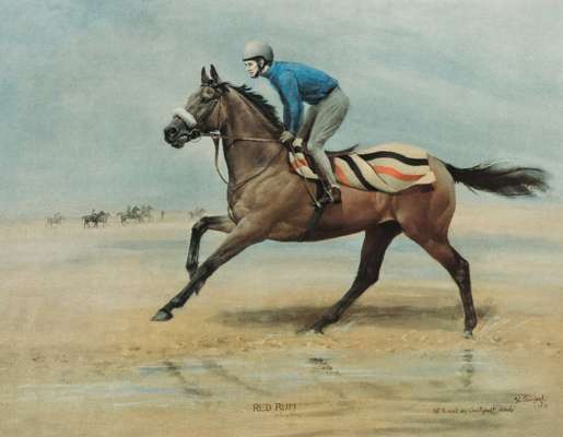 A Ginger McCain signed limited edition Susan Crawford print of ''Red Rum'', signed by the racehorse trainer to the backboard in black marker pen, addi