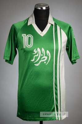 Green Algeria no.10 jersey, circa 1990,
 short-sleeved, Arabic lettering, reverse numbered 10, neck label in Arabic