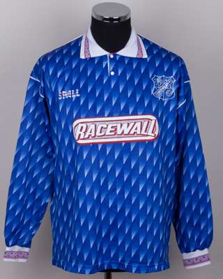 Blue and white No.4 Cowdenbeath long-sleeved shirt, 1991-92