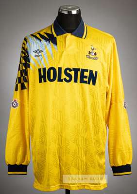 Vinnie Samways yellow Tottenham Hotspur no.9 away jersey, season 1991-92,
 Umbro, long-sleeved with THE FOOTBALL LEAGUE sleeve badges, club crest and 