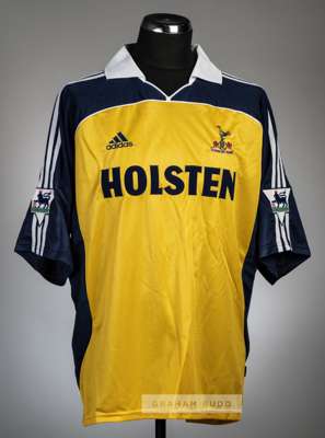 Oyvind Leonhardsen yellow & navy blue Tottenham Hotspur No.17 away jersey, season 1999-2000,
 Adidas, short-sleeved, Premier League badges, the revers