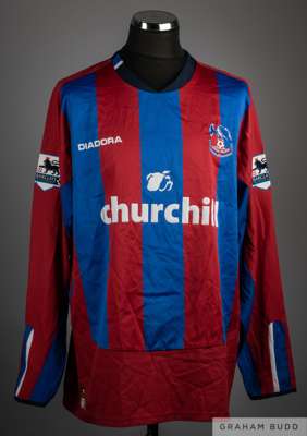 Shaun Derry claret and blue No.4 Crystal Palace long-sleeved shirt, 2004-05,
 Diadora, XL, with v-neck collar and embroidered badge inscribed CRYSTAL 