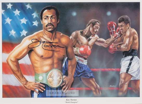 BOXING - Ken Norton signed boxing print, the artwork by Meadows and dated 2000, depicting Norton in action v Ali, and a portrait of Norton wearing his