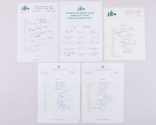 Five Australia touring cricket team autographed team sheets