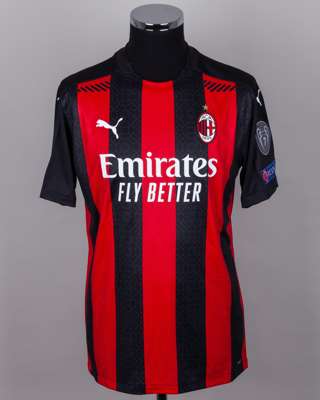 Diogo Dalot red and black No.5 AC Milan match worn short-sleeved shirt, 2020-21