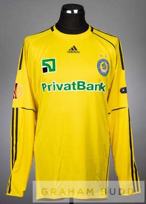 Koval yellow and black Dynamo Kiev no.35 goalkeeper's jersey v Manchester City in the UEFA Europa League round of 16 first leg at Valery Lobanovskiy S