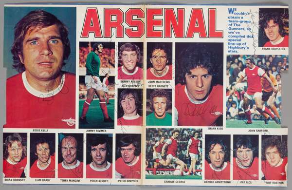Arsenal 1975-76 large autographed colour double magazine page,
 in the form of collage of individual players, 18 signed pictures, missing only Barnett