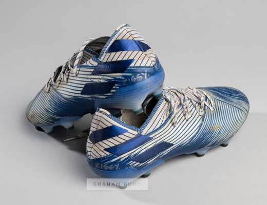 Portsmouth's Ryan Williams signed worn Adidas Nemesis football boots,
 the blue and white boots signed 'ZIGGY' on the boot heals, dedicated to his son