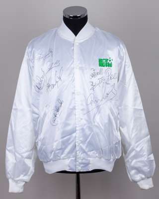 Pat Jennings white Kick Aids '88 autographed jacket, Birdie by Richard Leslie, 1988