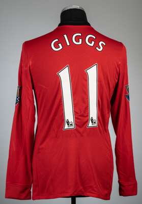 Ryan Giggs red Manchester United no.11 home jersey, season 2009-10,
 Nike, long-sleeved with BARCLAYS PREMIER LEAGUE 08/09 CHAMPIONS gold sleeve badge