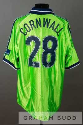 Luke Cornwall lime green and navy Fulham no.28 away jersey, season 1999-2000,
 by Adidas, short-sleeved with NATIONWIDE FOOTBALL LEAGUE sleeve badges,