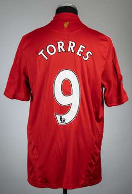 Fernando Torres red Liverpool no.9 home jersey, season 2008-09,
 Adidas, short-sleeved with BARCLAYS PREMIER LEAGUE sleeve badges, club crest and spon