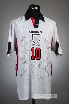 Team signed Teddy Sheringham white England No.10 home jersey, circa 1997,
 Umbro, short sleeved with England three lion emblem and sponsor logo, rever