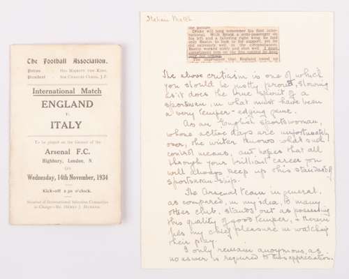 1934 England v. Italy four page itinerary, 14th November 1934