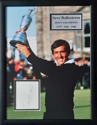 Golf Seve Ballesteros triple Open Champion 1979 – 84 – 88 signed framed photo card display, 
 frame measures 17.5 by 13.5in., comes with COA 

 All gl