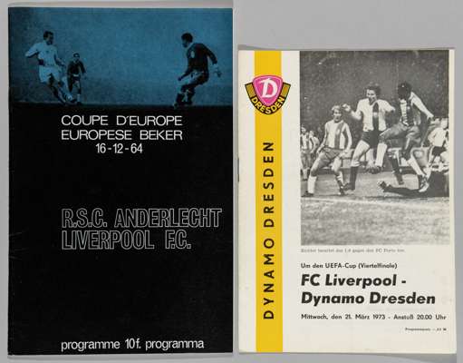 Two sort after Liverpool European away programmes at Anderlecht in the European Cup on 16th December 1964,
 this was Liverpool's first season in Europ