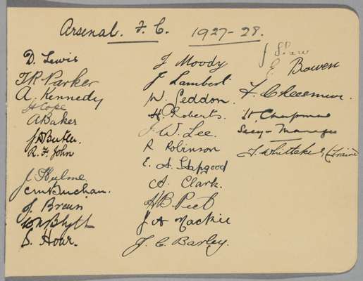 A page of 1927-28 Arsenal autographs, 
 comprising twenty-six players and also signed by Tom Whittaker and manager Herbert Chapman