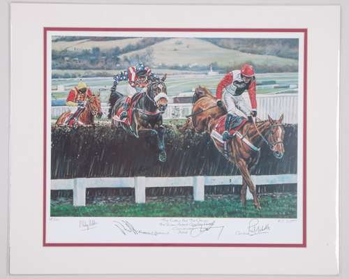 Two autographed The Queen Mother Champion Chase limited prints by David and Adrian Dent