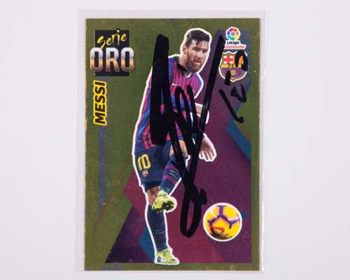 Lionel Messi autographed Barcelona Panini No.5 Serie ORO La Liga sticker, 2019-20