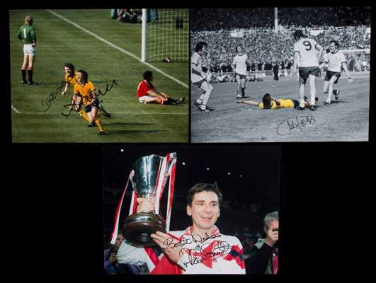 A trio of signed Arsenal football photographs portraying Cup winning moments, all 12 by 16in., the first & colour tinted b&w 1971 Cup Final signed by 
