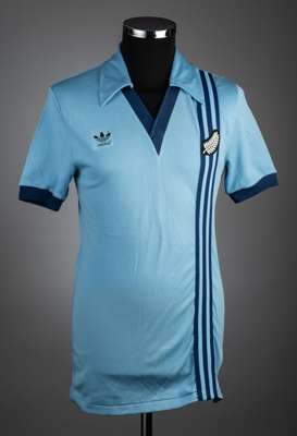 Blue New Zealand No.3 "A" international jersey gained as a swap by England "B's" Alan Sunderland after the match played at Brisbane Road, Leyton Orien