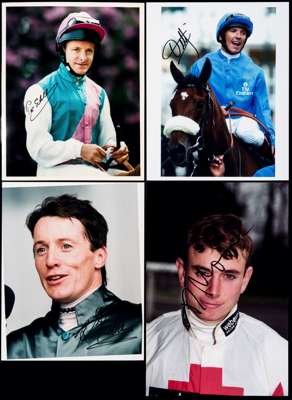An album of signed photographs of flat race jockeys, in sleeves in a ring binder file, 8 by 10 & 10 by 12in., colour & b&w, 109 photographs bearing 11