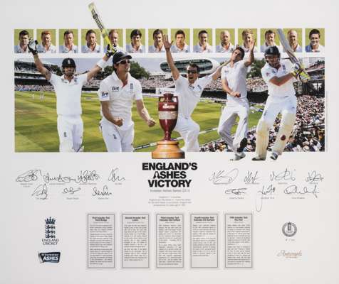 Signed England's Ashes Victory Investec Ashes Series 2013 limited edition print, 
 featuring colour player profile and montage of the team, signed by 
